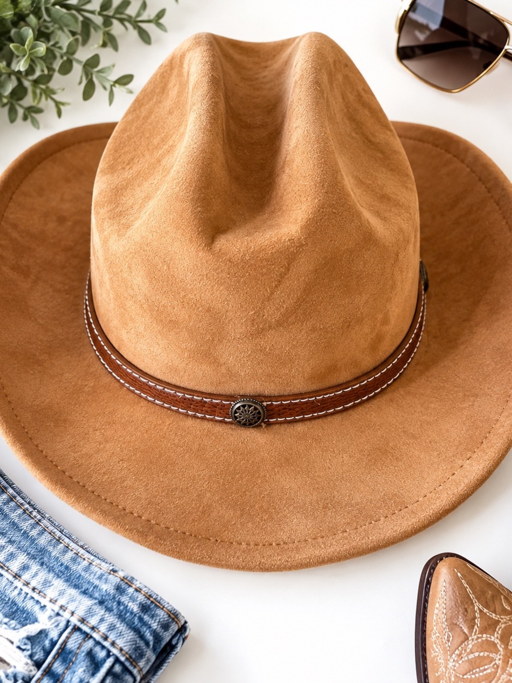 Melesh Tan Faux Suede Western Cowboy Hat